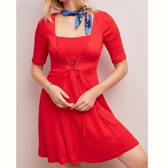Anthropologie Juliet Red Corseted Lace-Up Fit & Flare Dress Size 8 NWT - Picture 1 of 11